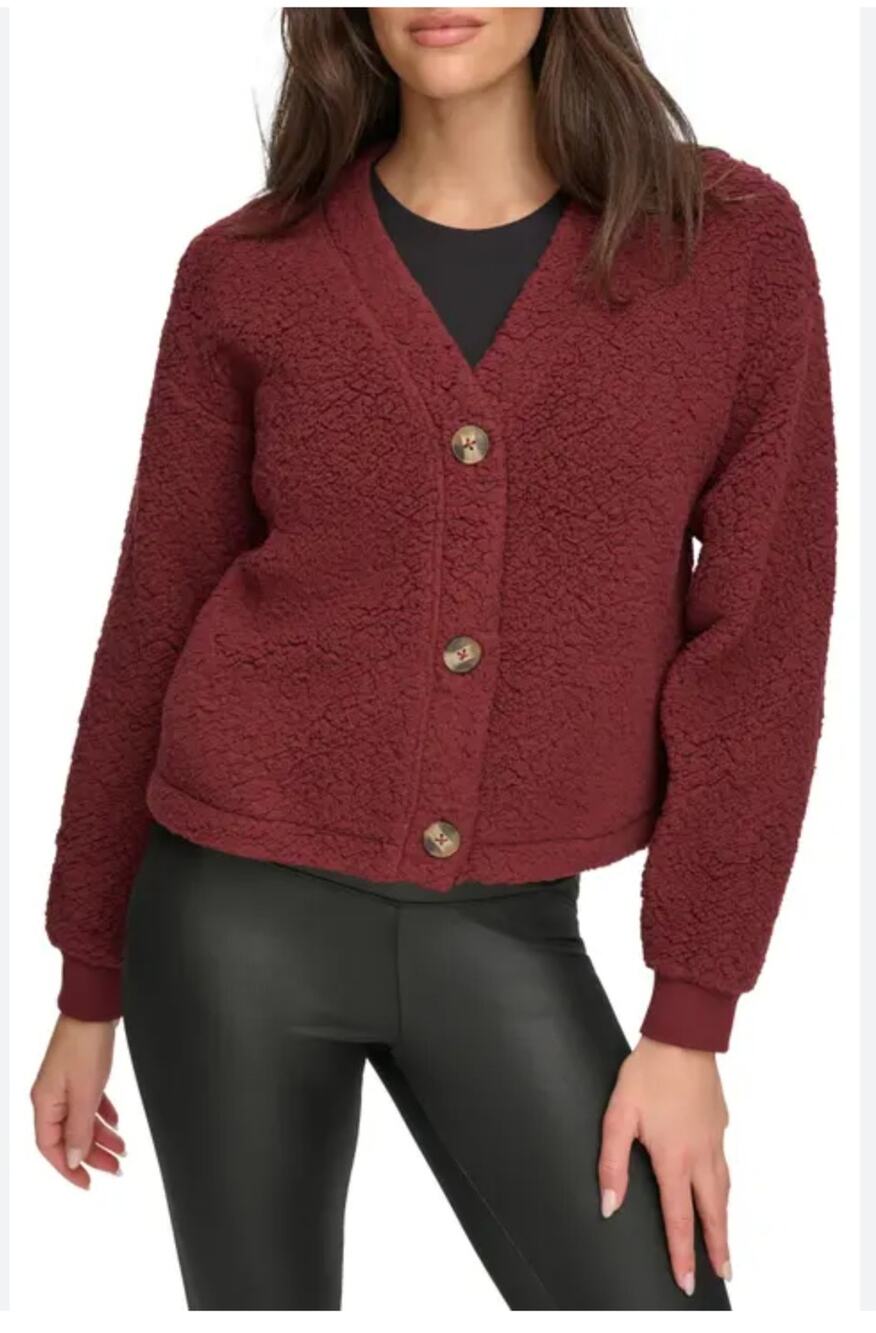 Andrew Marc Sport Women's Faux Shearling Button Front Teddy Cardigan in Burgundy